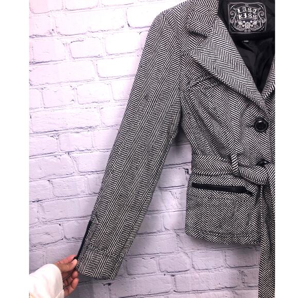 Last Kiss Wool Blend Chevron Tweed Collared Belted Button Short Pea Coat S - Picture 6 of 12